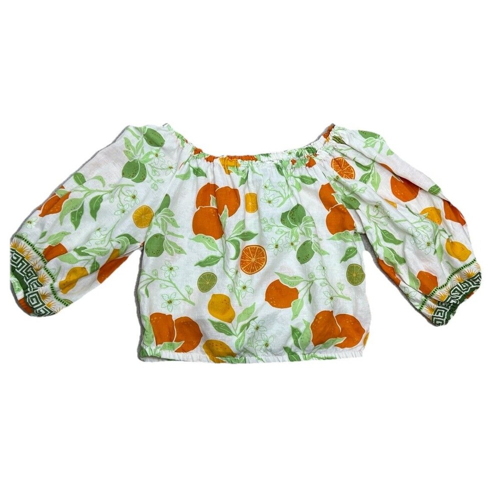 Citrus Print Floral Blouse Shirt Womens M Beach Peasant Cropped Top Rachel Zoe